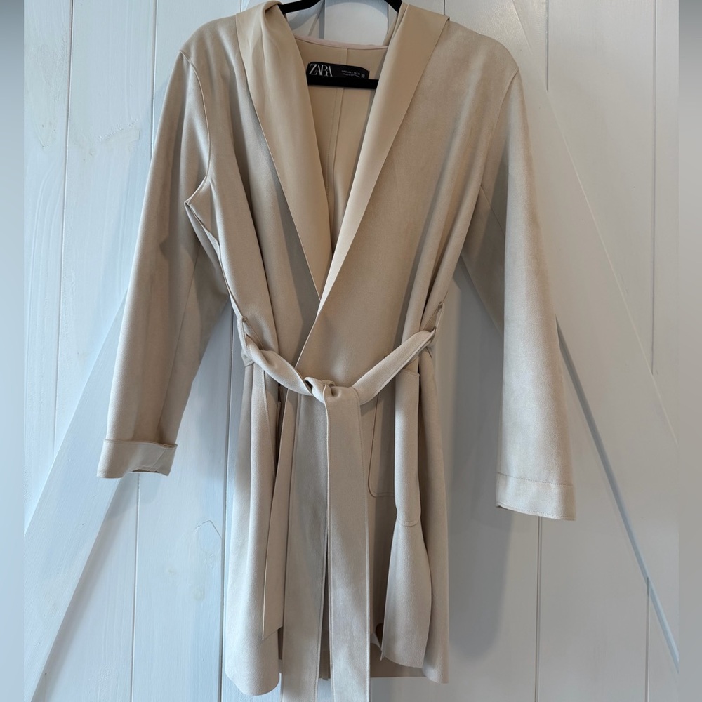Zara Beige Faux Suede Belted Hooded Coat Jacket